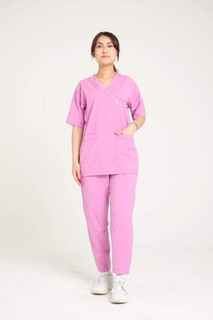 Pembe Likralı Kadın Scrubs V Yaka