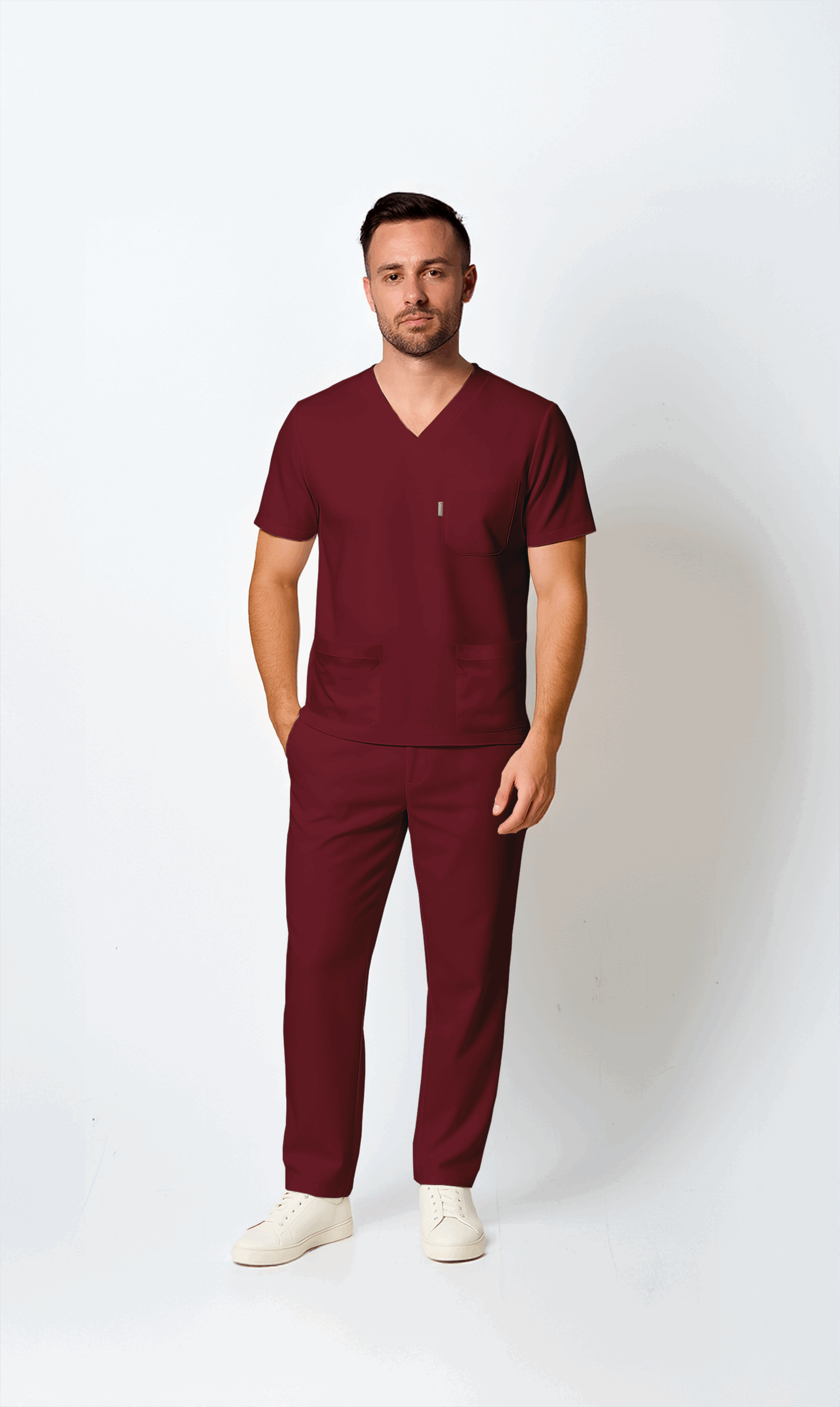 Bordo Likralı Erkek Scrubs V Yaka