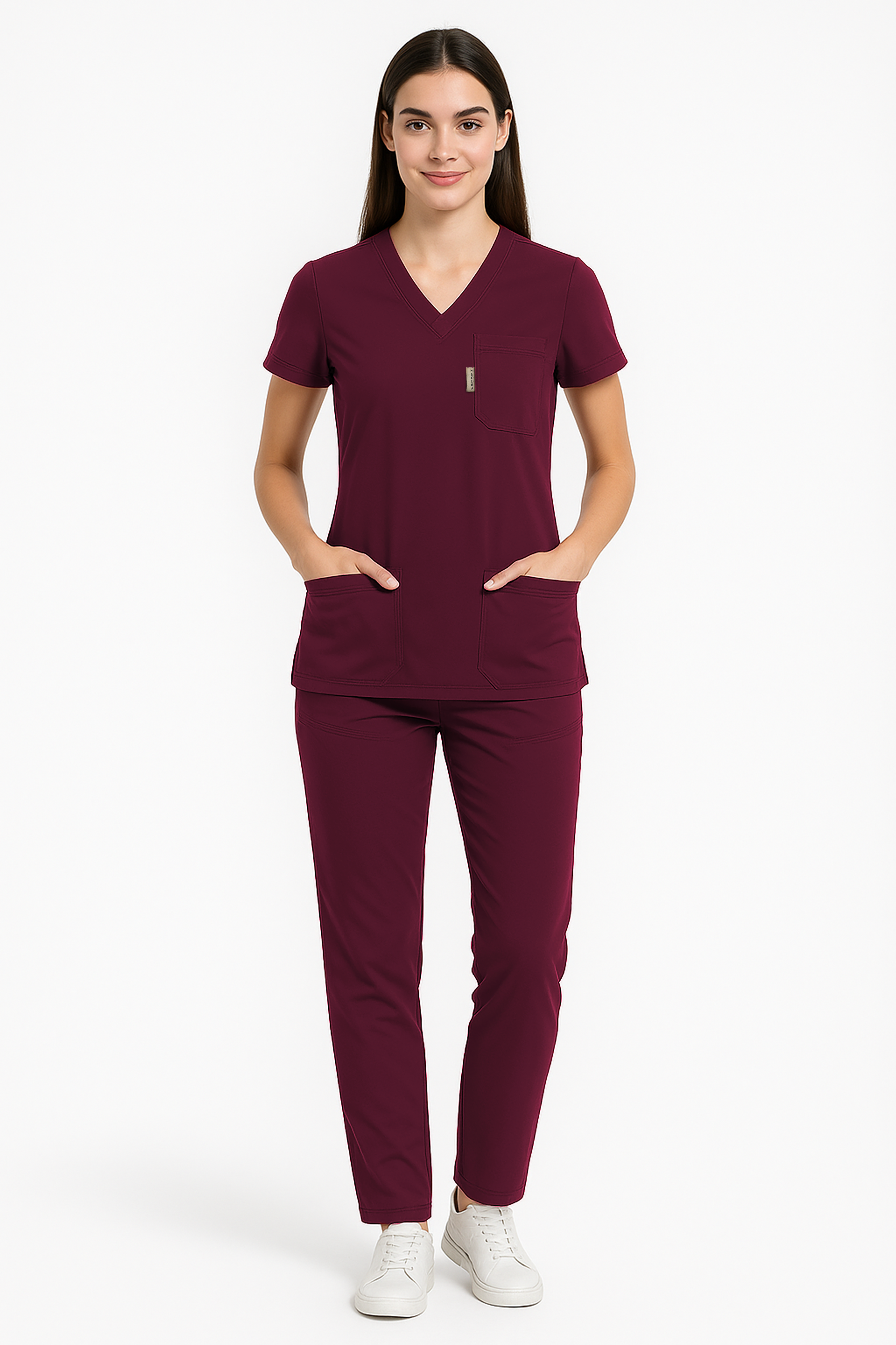 Bordo Likralı Kadın Scrubs V Yaka