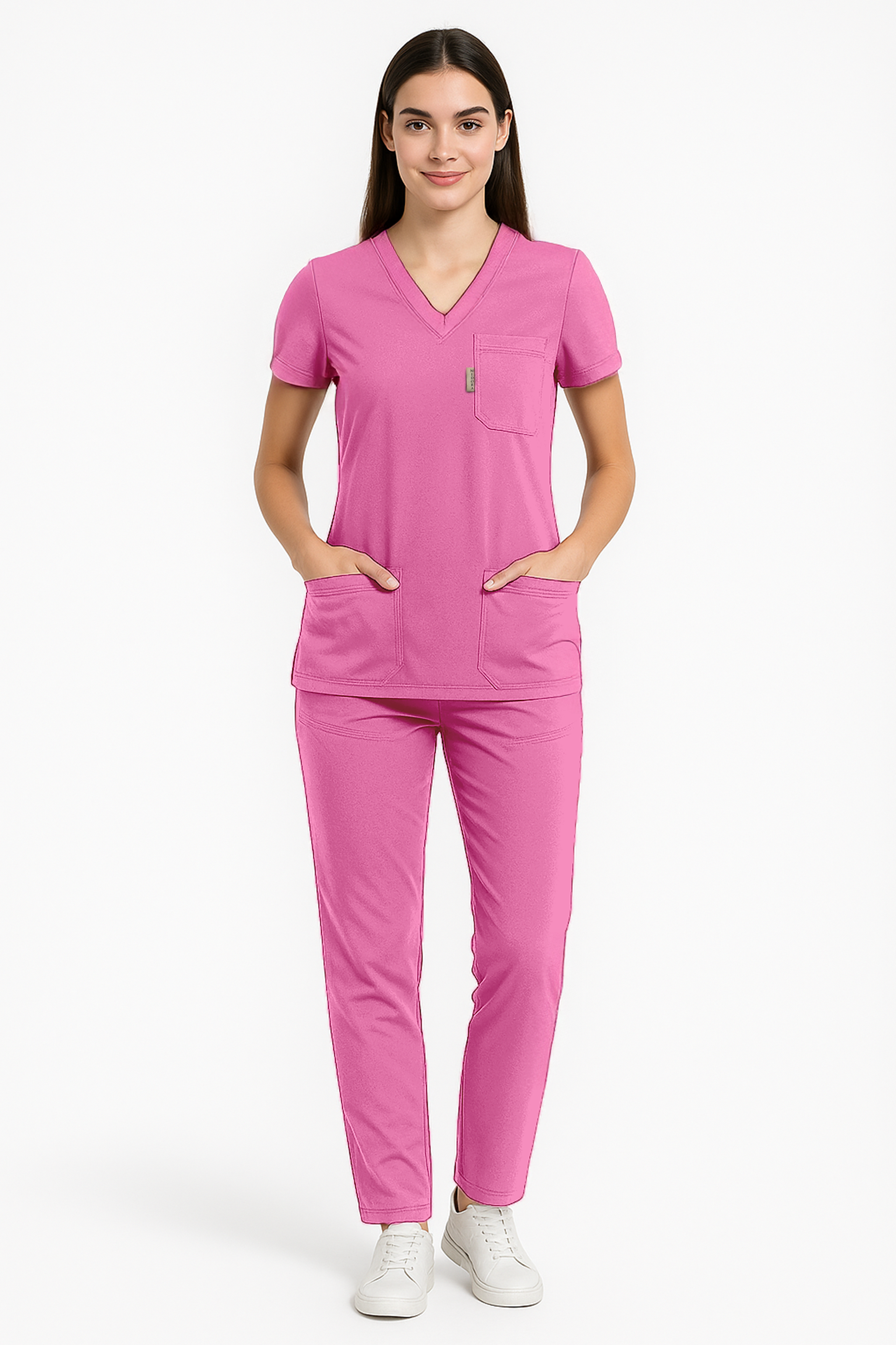 Pembe Likralı Kadın Scrubs V Yaka