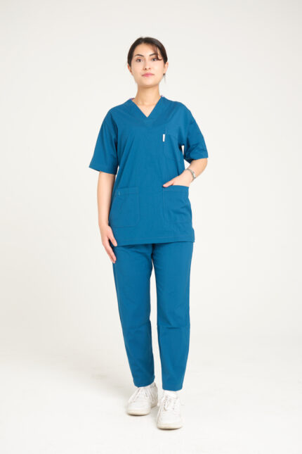 Saks Mavisi Likralı Kadın Scrubs V Yaka